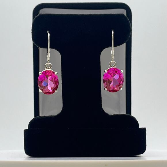 BEAUTIFUL 10ctw Oval Cut Bright Pink Sapphire Earrings in Sterling Silver - Picture 7 of 7